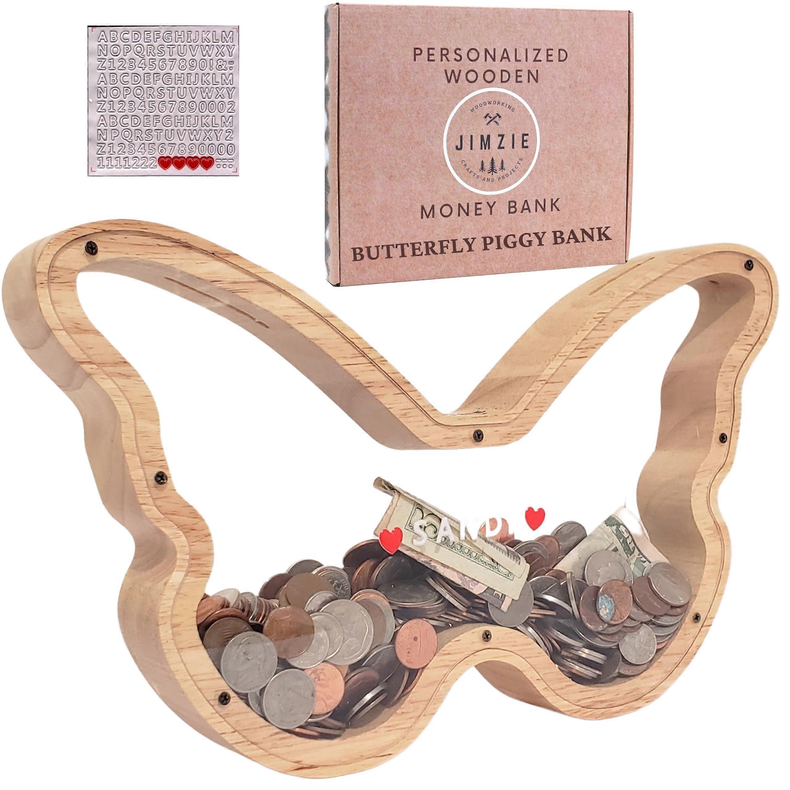 Wooden Butterfly Piggy Bank with Clear Acrylic Sides - Personalized Coin Bank for Kids and Adults, Custom Letter Stickers Included