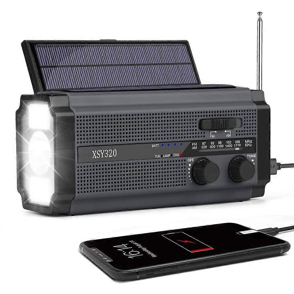 XSY320 utomhus sol handvev FM AM WB Radio ficklampa 5000mah powerbank - grå + svart