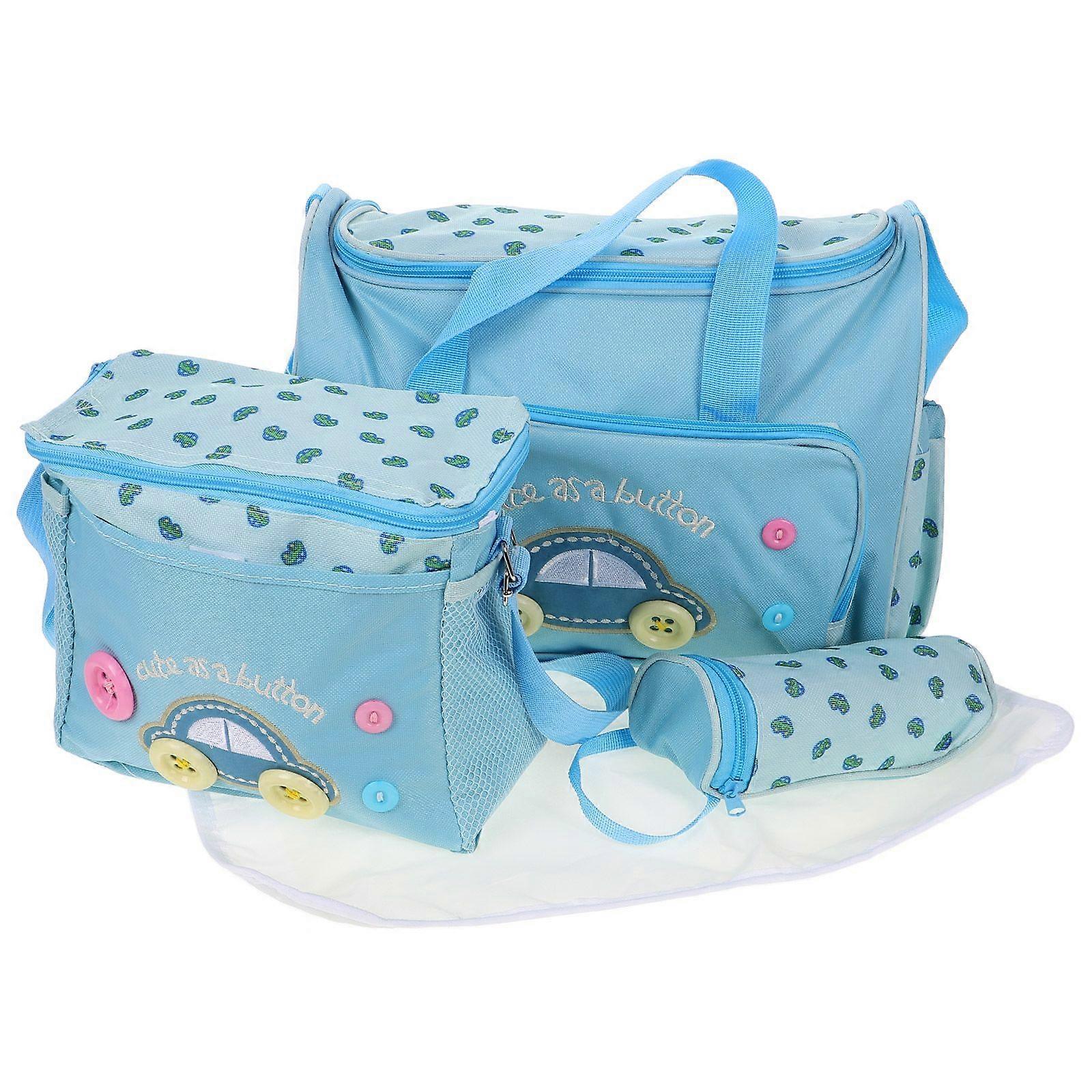 4-in-1 Multi-function Car Pattern Large Capacity Baby Diaper Nappy Changing Pad Travel Mummy Bag Tote Handbag Set (Sky-blue)