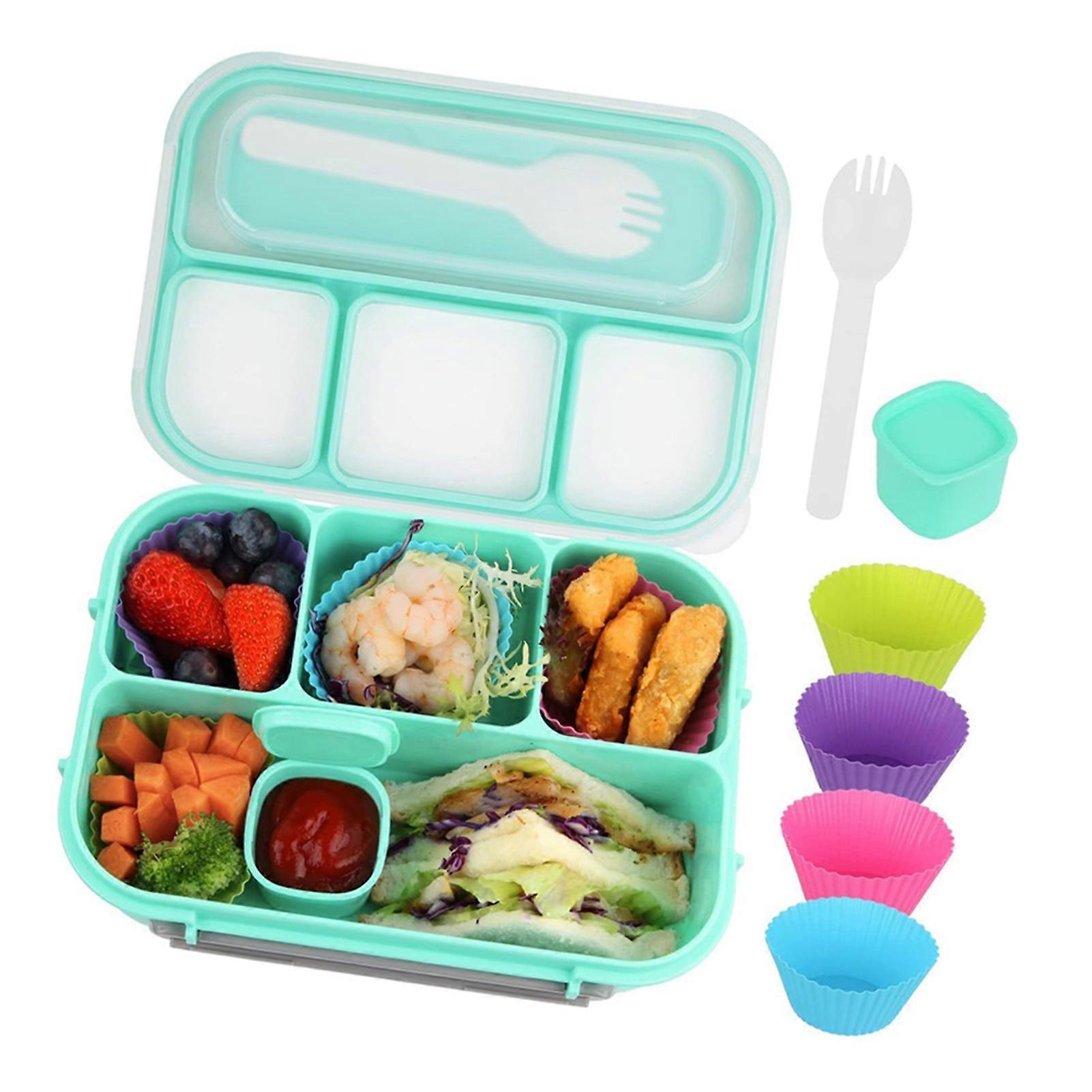 7Pcs Box Set for Adults & Kids, Lunch Box with 4 Compartments, Utensils, Sauce Jar, Muffin Liners, 1300ML