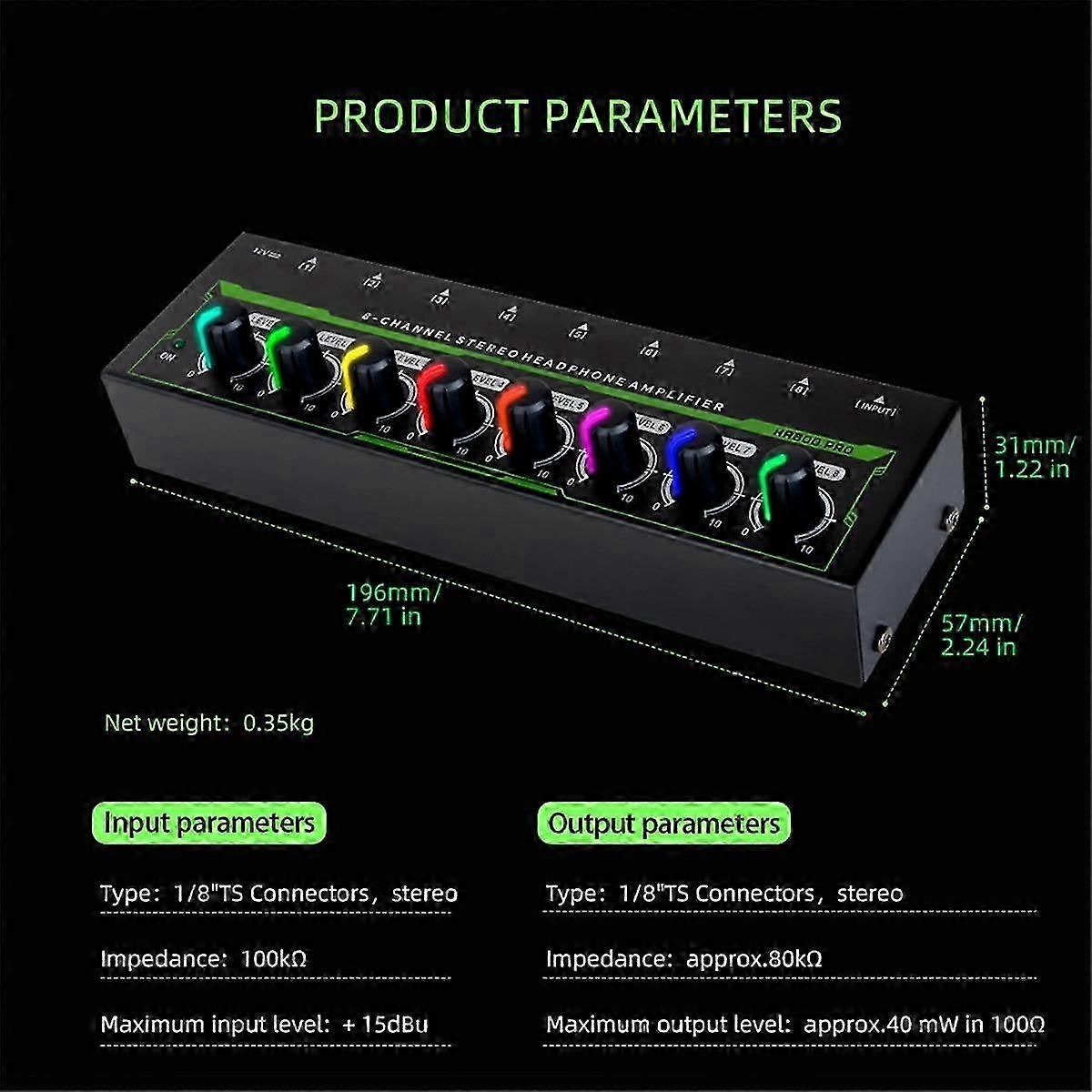8 Channel Headphone Amplifier RGB Stereo Amp Microamp for Music Mixer Recording Sound Amplifier(US)