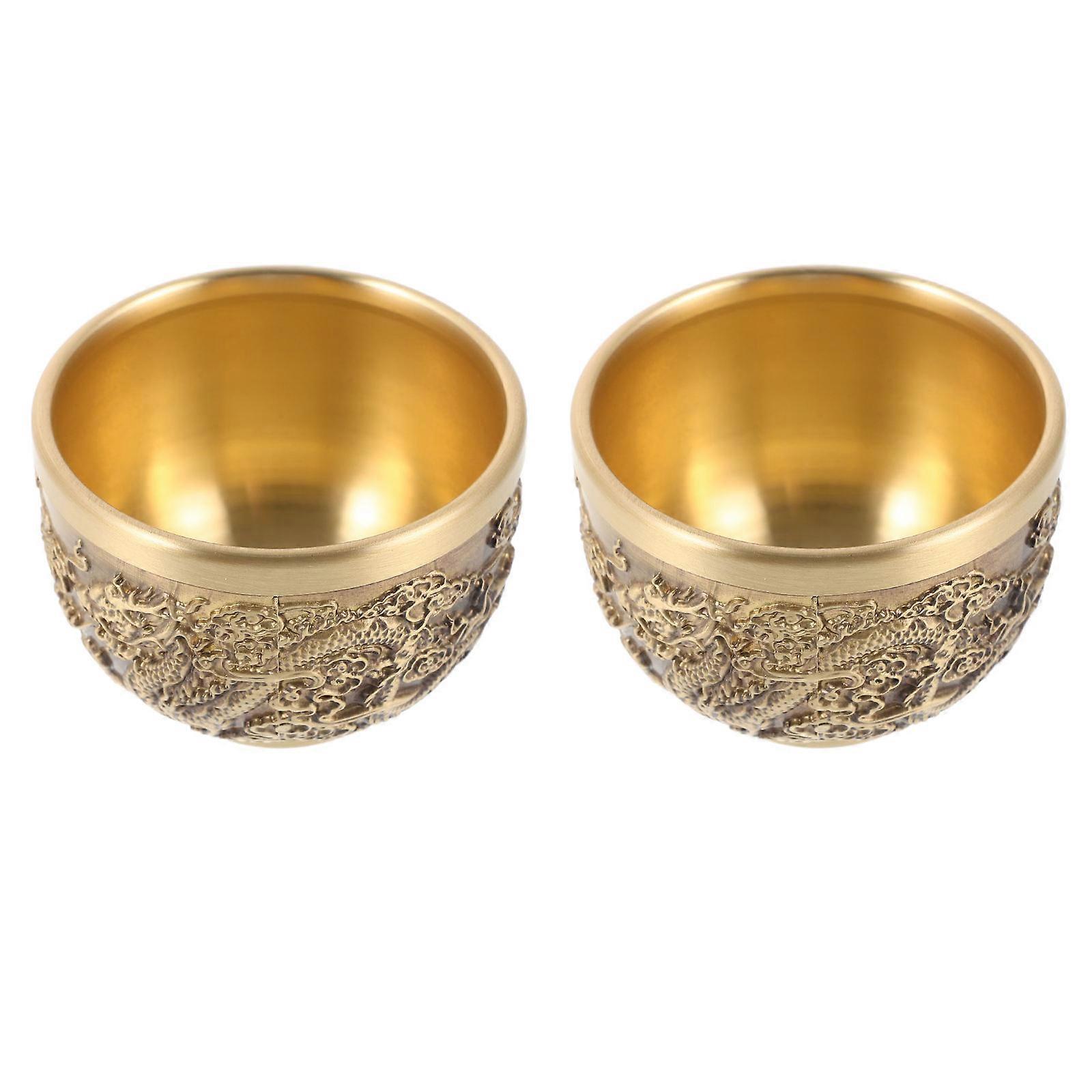 Chinese Style Copper Teacup Dragon Pattern Drink Container Storage Decorative Item 2Pcs Golden 6.00X6.00X4.50cm