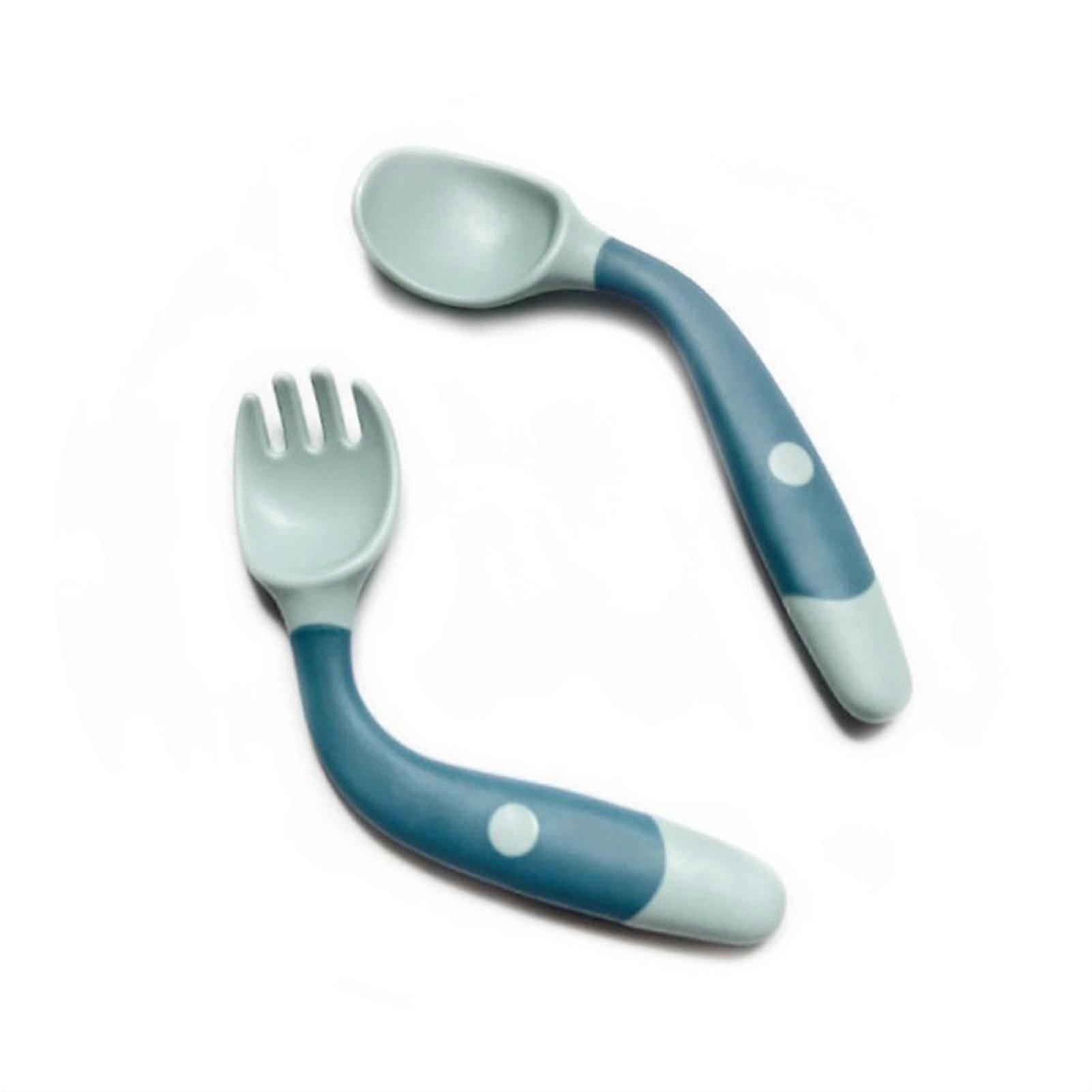 Baby Fork Spoon Set with Soft Bent Handles for Self-Feeding Training - Green