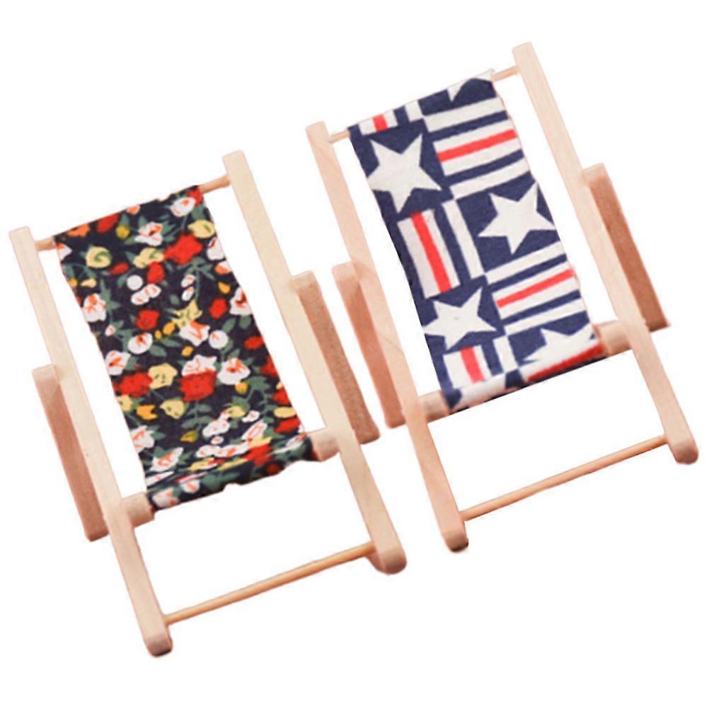 Miniature Beach Chair Model Wooden Lounge Chair for Decoration 2Pcs