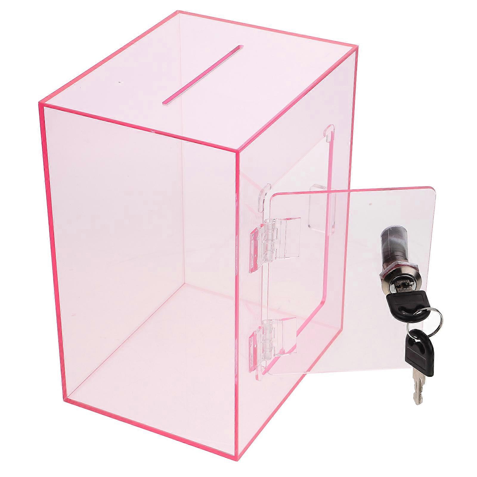 Transparent Acrylic Lockable Cash Box for Donations, Voting, ATM Storage, Church Collections, and Money Gifts – Pink Decorative Design