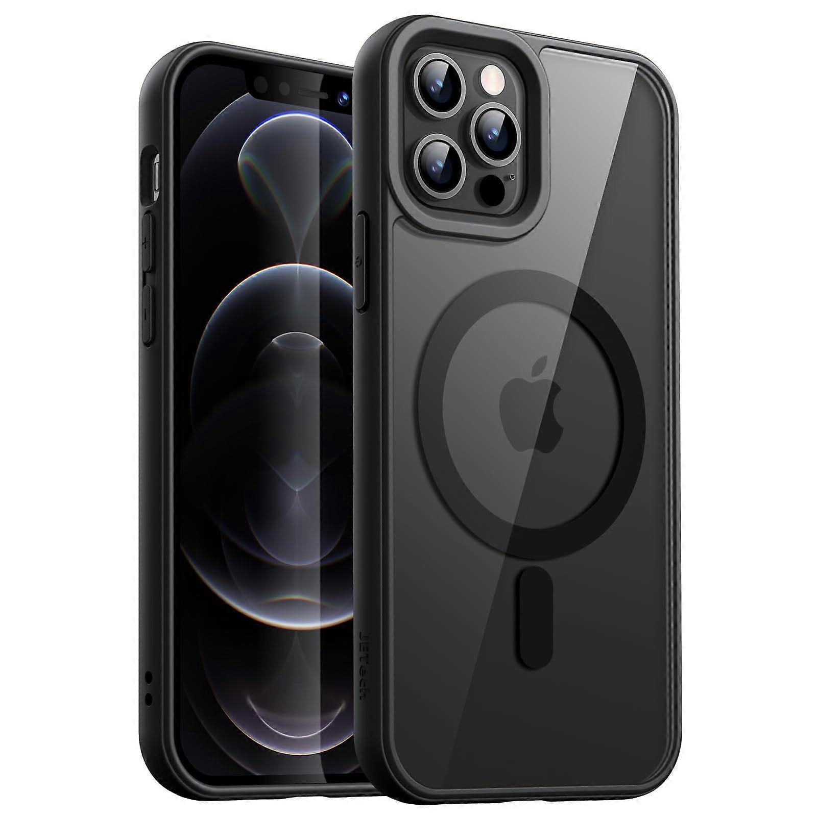 Magnetic Case for iPhone 12/12 Pro, Shockproof Bumper, Matte TPU Frame, Transparent Back (Black)