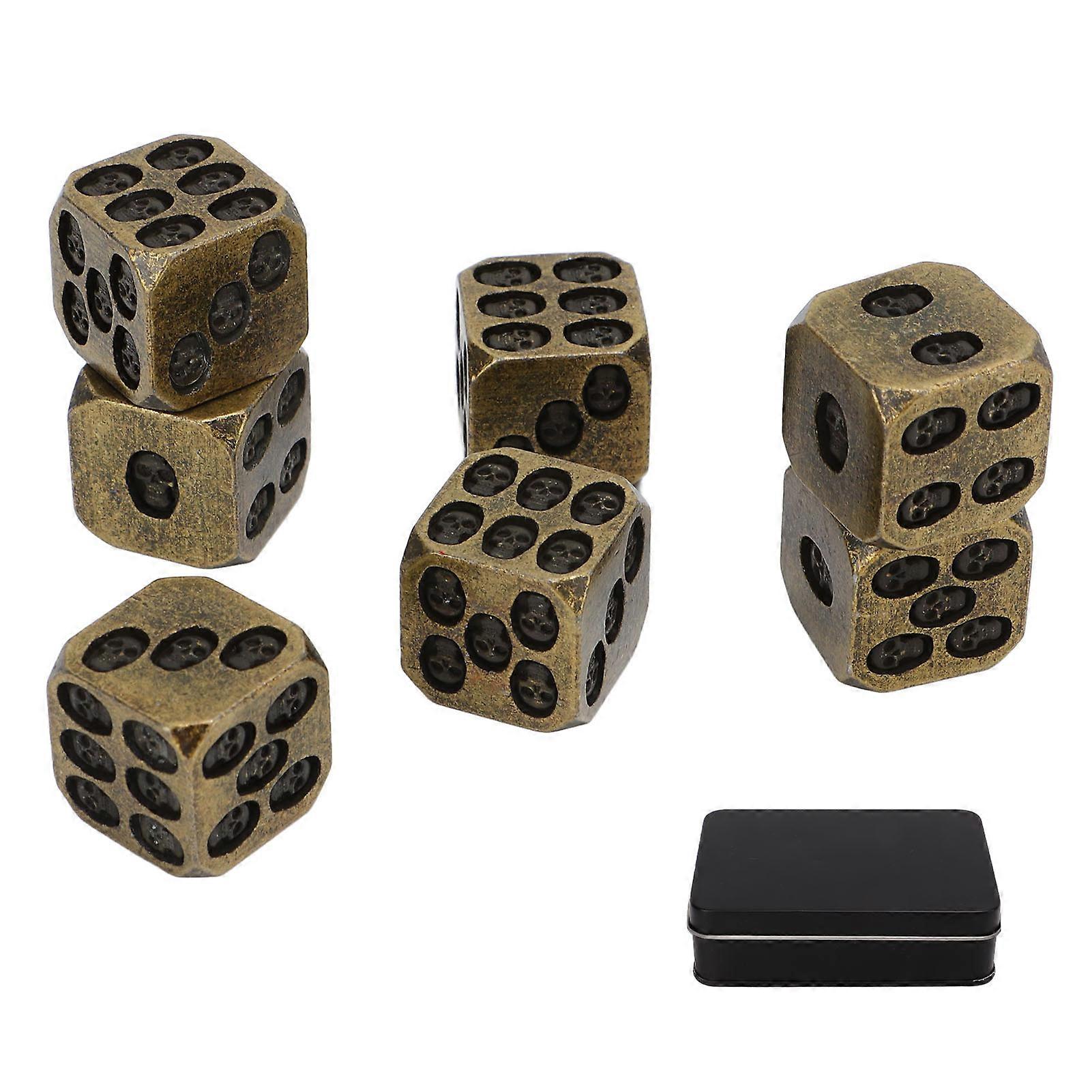 7pcs Metal Dice Set Exquisite Square Inlaid Skull Pattern Dice Board Game Props for Holiday Party Bronze