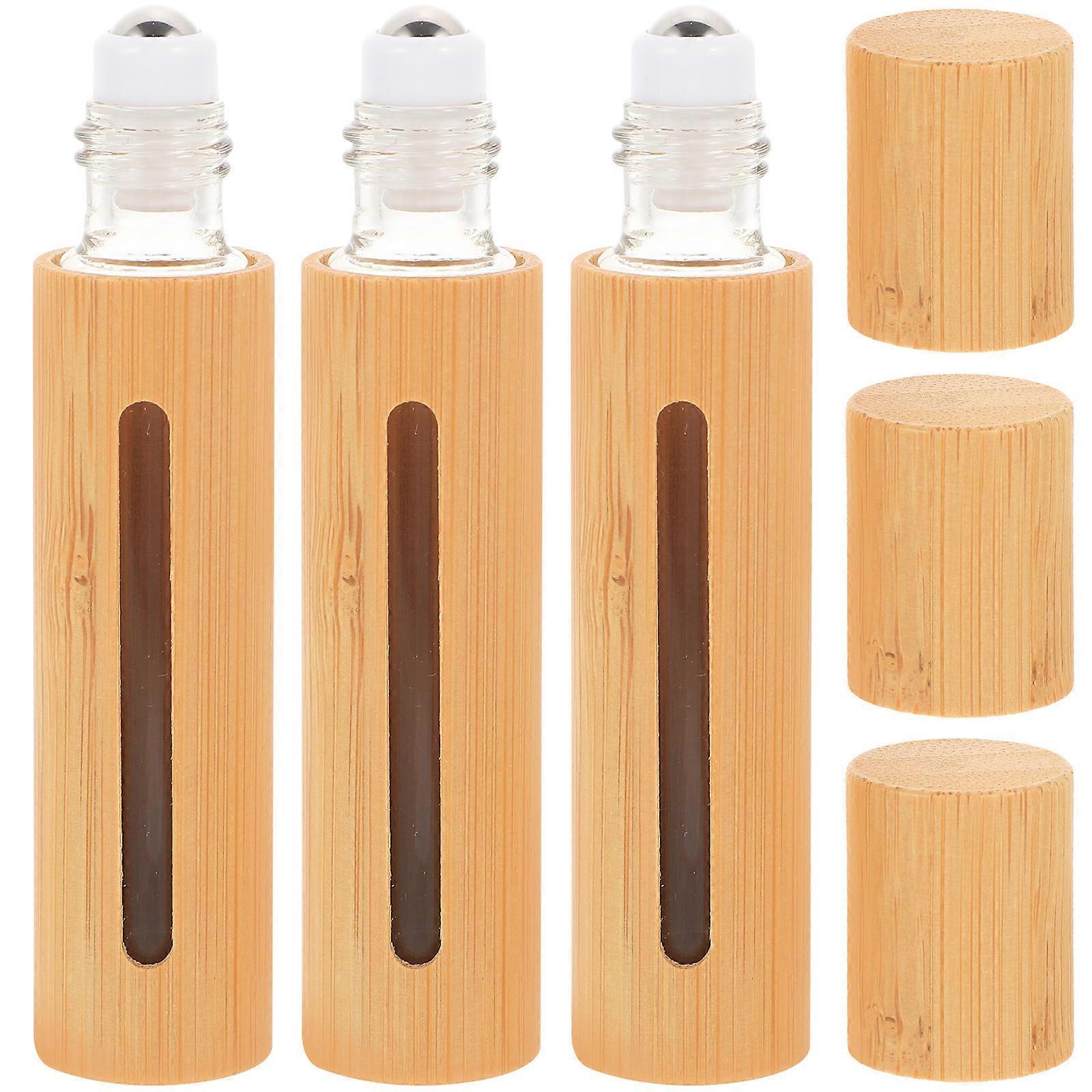 Essential Oil Roll on Bottles 3Pcs Refillable Simple Design Travel Use Storage Holder Light Yellow Shockproof Glass Bamboo