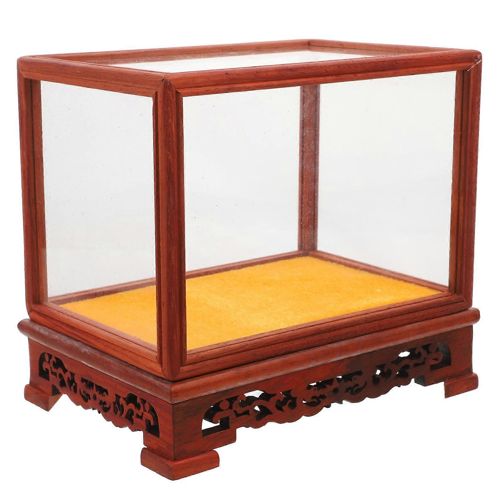 Chinese Style Antique Display Stand with Dust Lid for Decor Red Glass and Wood 7.8 Inches