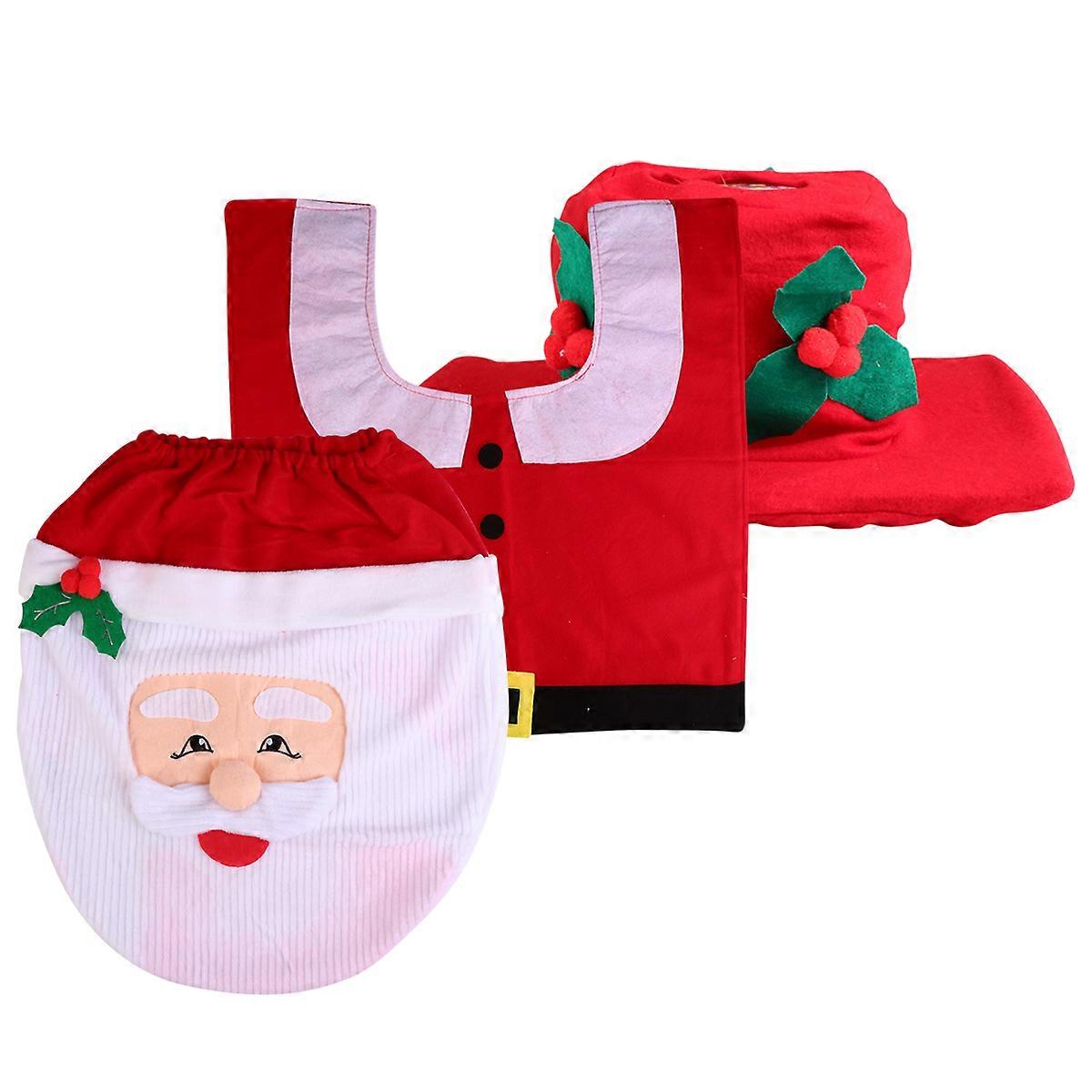 Santa Claus Christmas Toilet Cover Set in Red Flannel for Home Decoration Easy Install