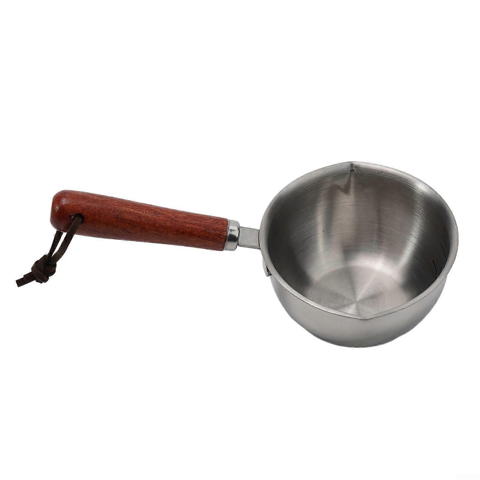 Stainless Steel Milk Pan with Wood Handle, 150ML Double Sided Pouring Lips, Ideal for Boiling Eggs and Warming Milk