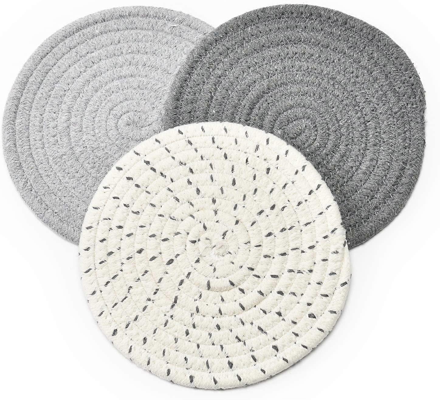 Round Gray Cotton Trivet Pad Set, Heat-Resistant Coasters (Set of 3)