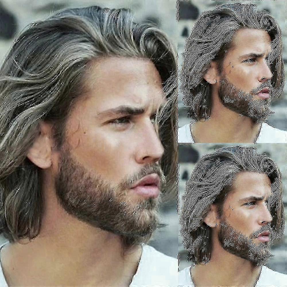 Men Ombre Silver Medium Long Fluffy Wig for Open Forehead Hair Replacement