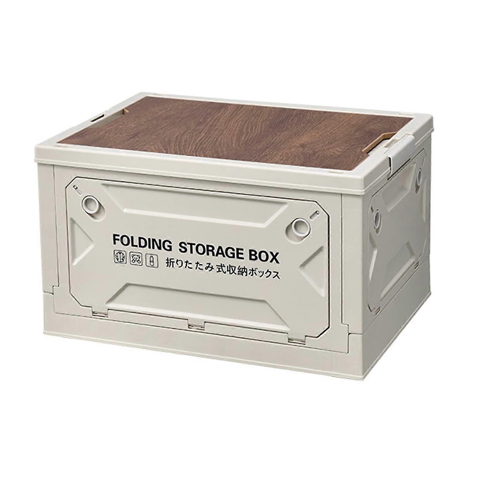 Large Storage Bin Wood Lid Camping Box Collapsible Stackable Plastic Trunk Organizer Multifunctional Beige