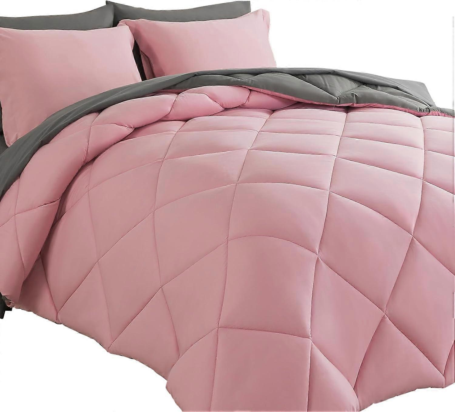 King Bed in a Bag 7pcs Solid Pink & Grey All Season Down Alternative Comforter Set with Sheets & Shams