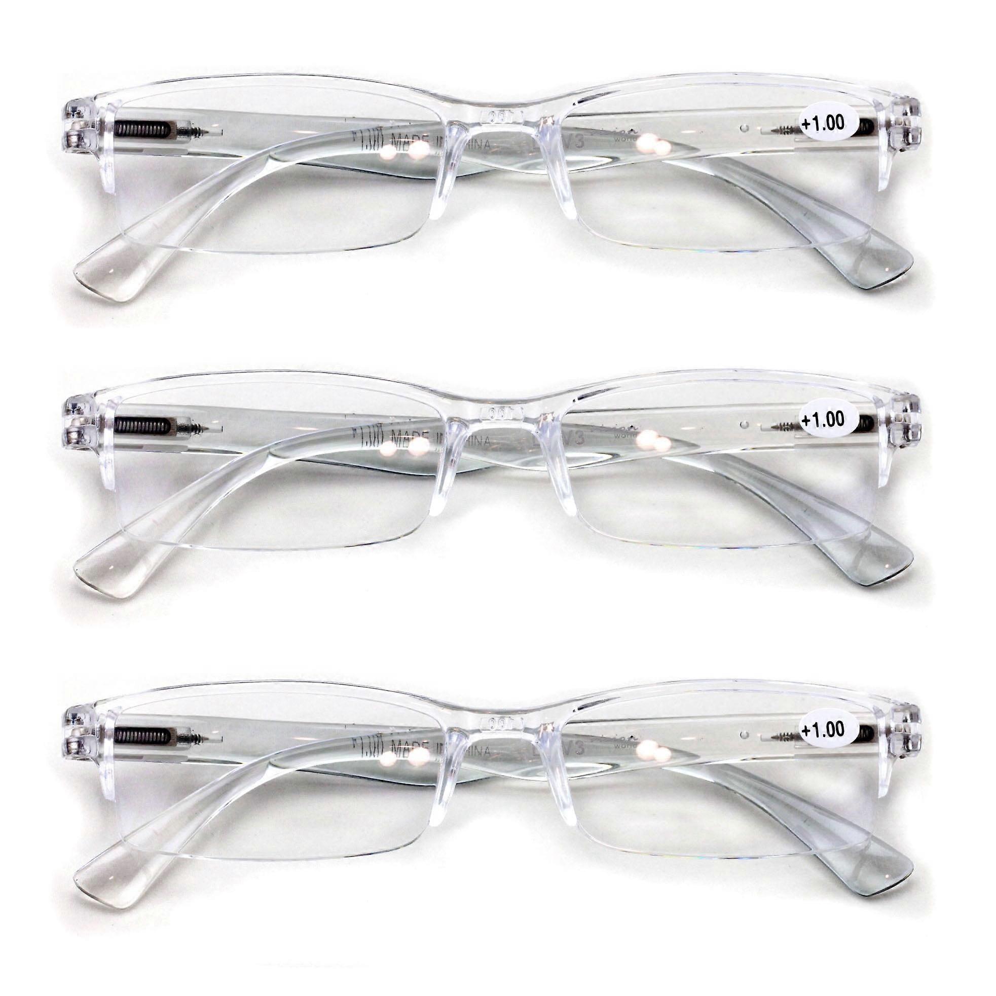 3 Pairs Lightweight Rectangular Unisex Readers with Spring Hinge - Clear Blue Black Reading Glasses - Spring Hinge 2.00