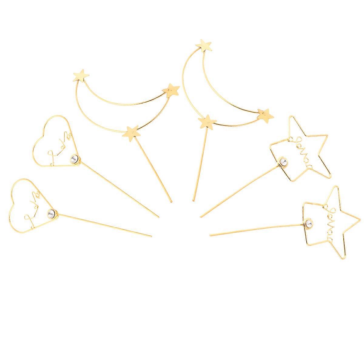 Decorative Cake Topper Rhinestone Moon Star Heart Shape 6Pcs Golden