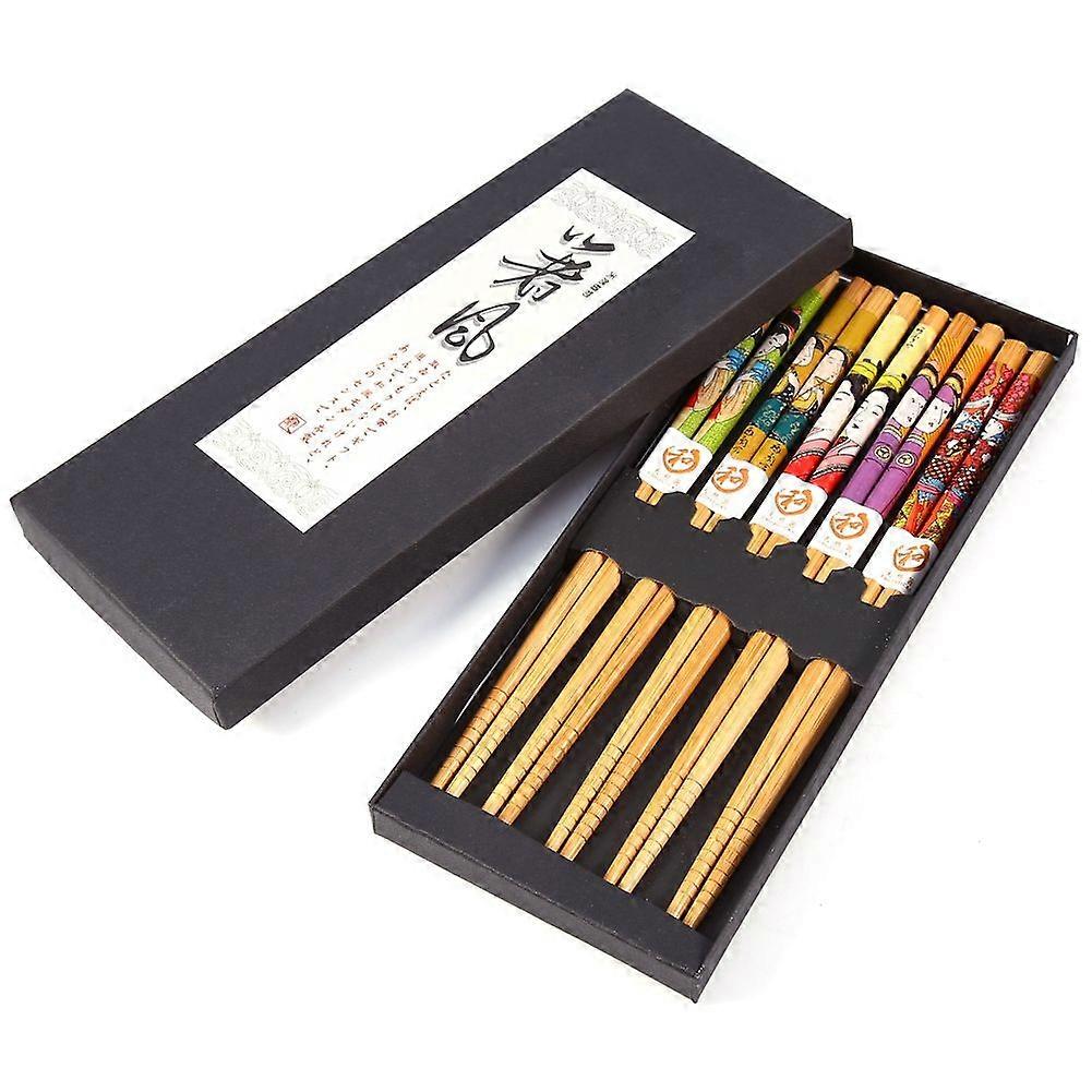 5 Pairs Japanese Family Style Bamboo Chopsticks Gift Box Chop Sticks Set Maid Pattern Notched