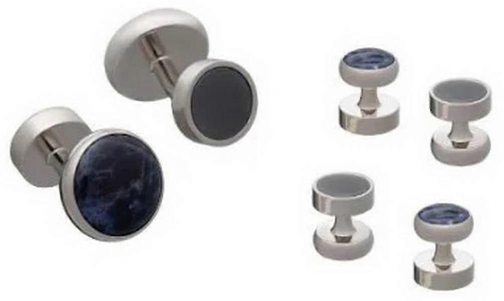 David Van Hagen Reversible Sodalite and Hematite Cufflink and Dress Stud Set - Silver/Black/Blue