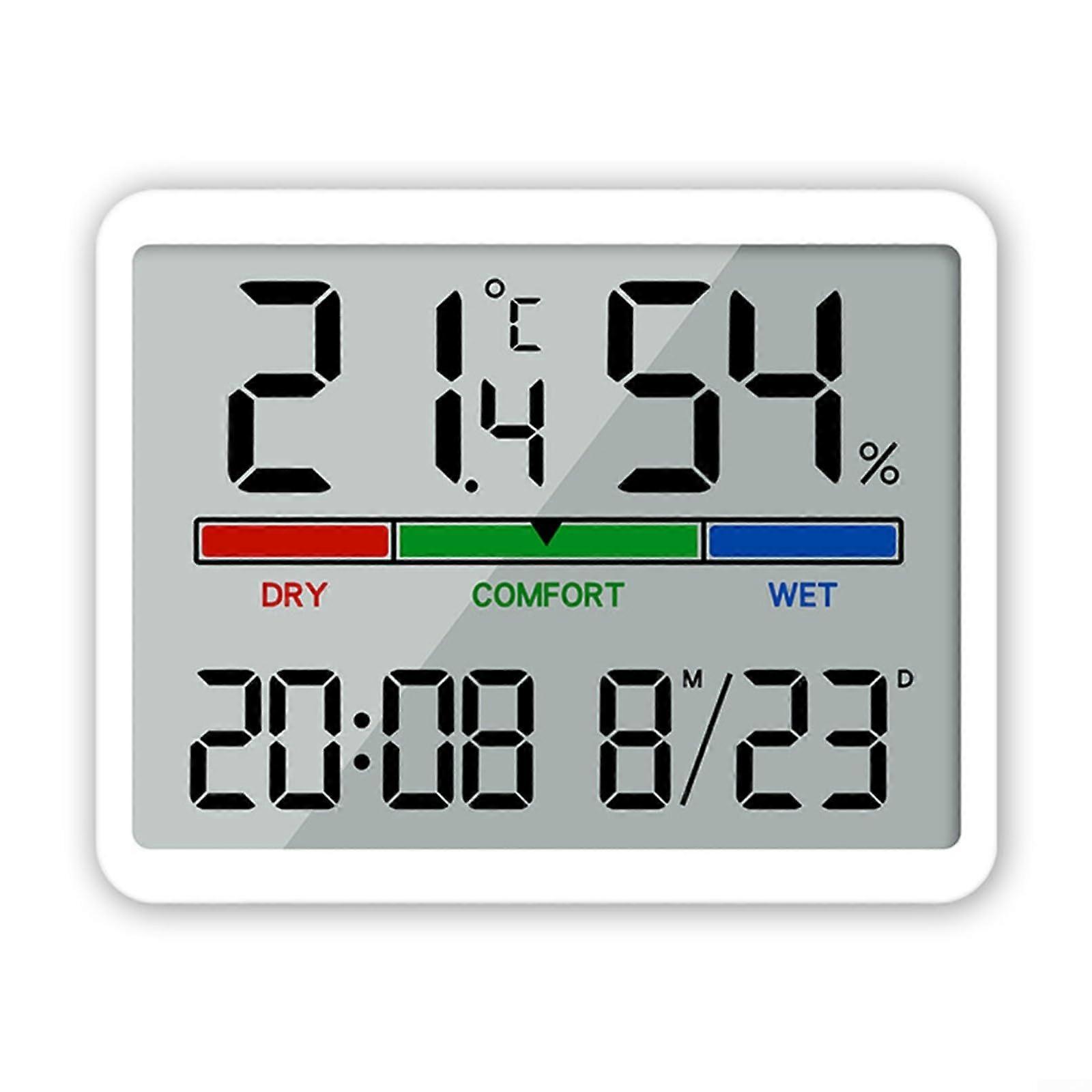 Digital Wall Clock Temperature Humidity, LCD Clock, Battery Powered, Desk Or Wall Mount, 12/24 Hour Format, White