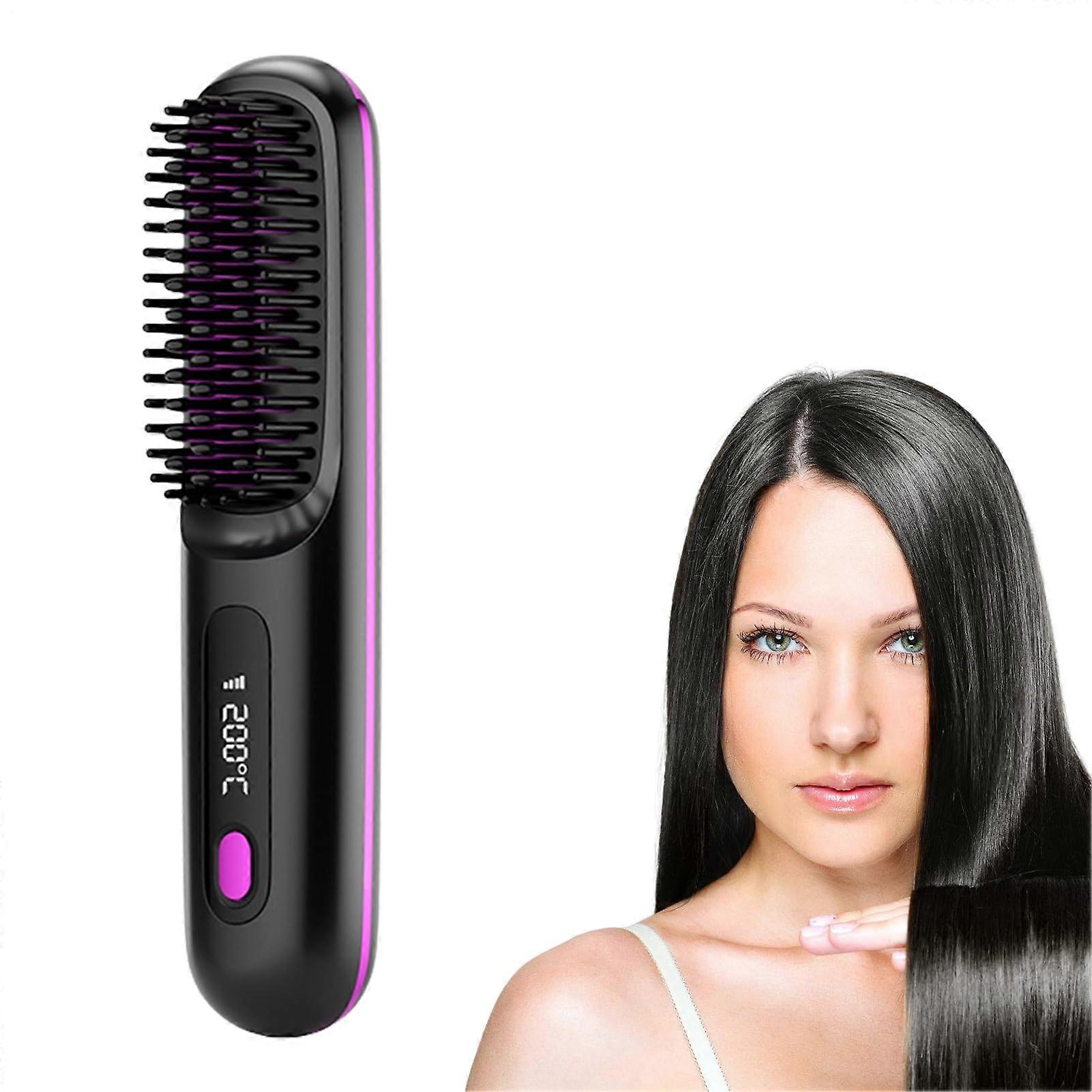 Hair Straightening Brush with USB Charging, Fast Heat Ionic Flat Comb, LCD Display, Cordless Styling for Smooth Black Hair