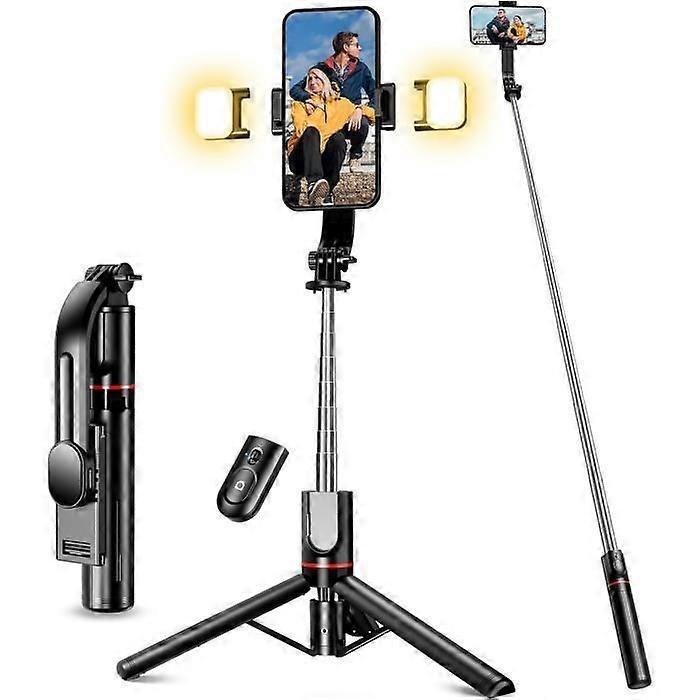116cm Selfie Stick with Upgraded Tripod, 2 Auxiliary Lights, Phone Tripod with Detachable Remote Control, Black