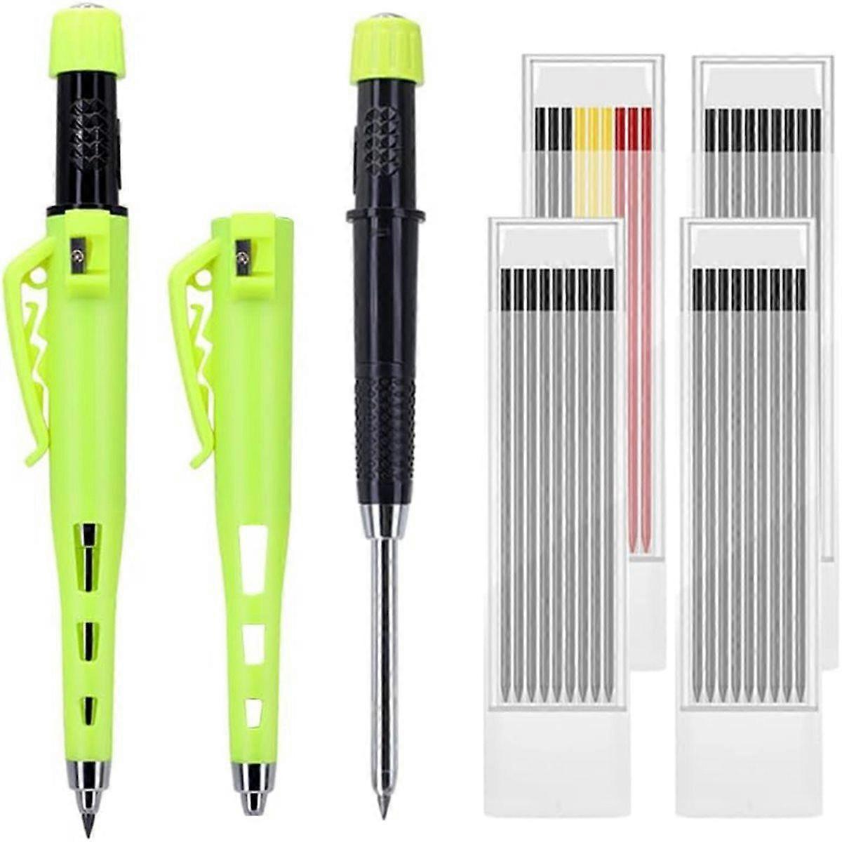 55mm Long Nib Carpenter Pencil Set - 2 Deep Hole Marking Pencils with 4 Boxes 36 Refill Leads, Works