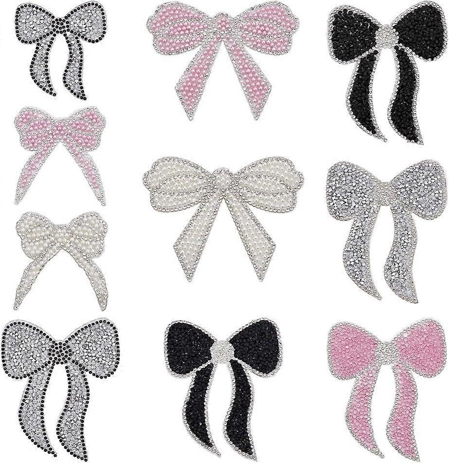 10 PCS Bowknot Rhinestone Patch 10 Style Iron on/Sew On Shape Applique Patches Polyester Tie Glass Rhinestone Embellishment for DIY Crafts Clothes Dre