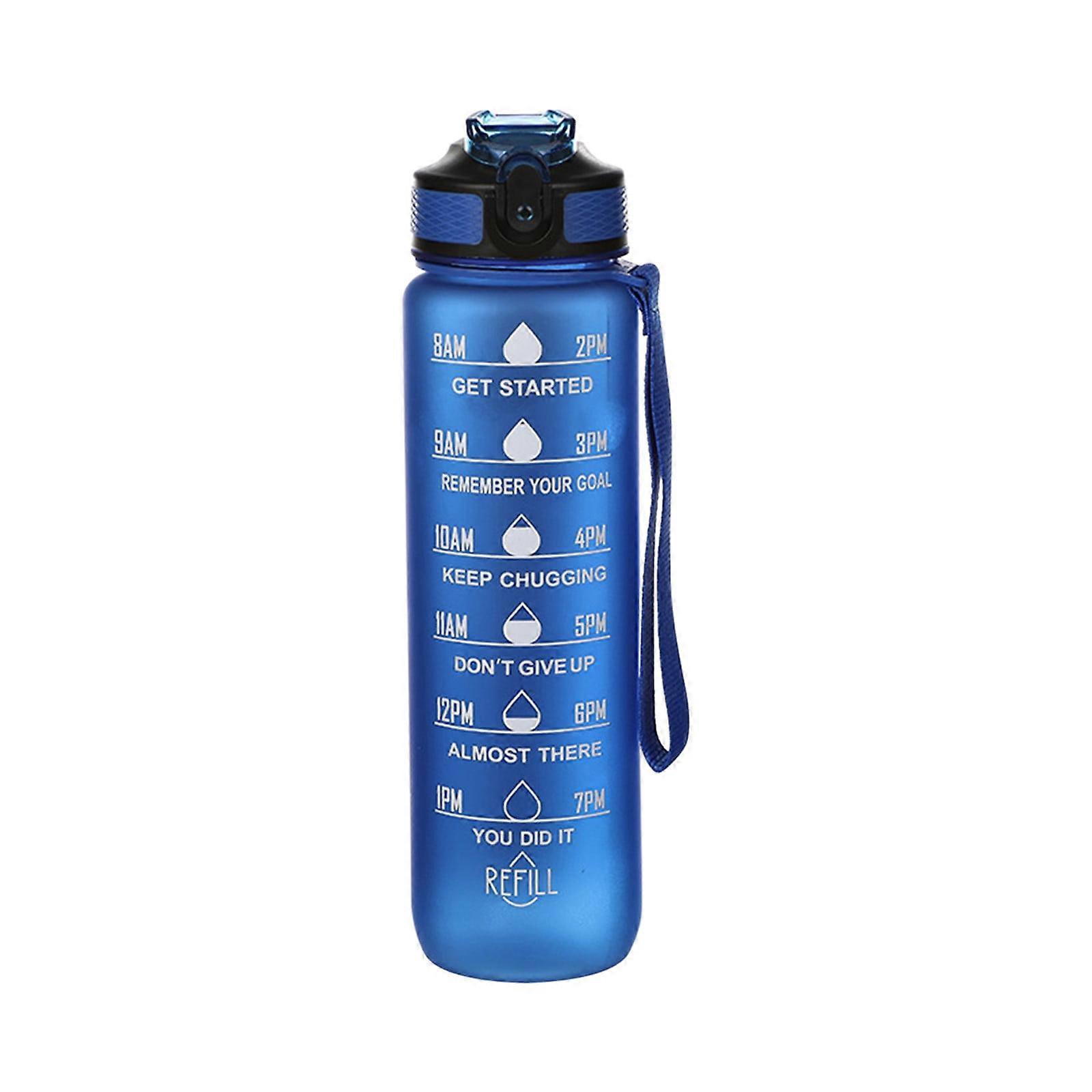 EQWLJWE Motivational Water Bottle 32oz with Time Marker, Leakproof Squeezing Opening, Large Capacity for Hiking Travel - Blue