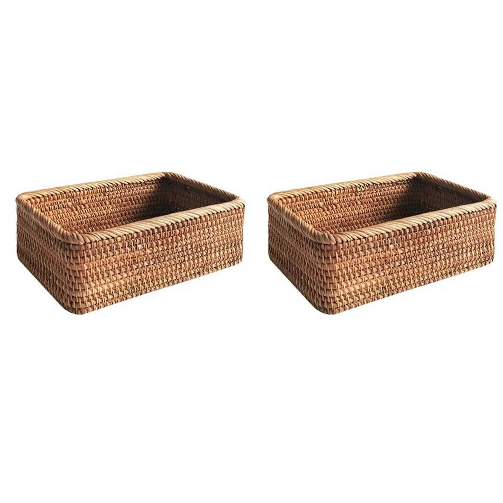 2X Hand-Woven Wicker Basket Fruit, Tea and Bread Basket Rectangular Storage Box for Cosmetics