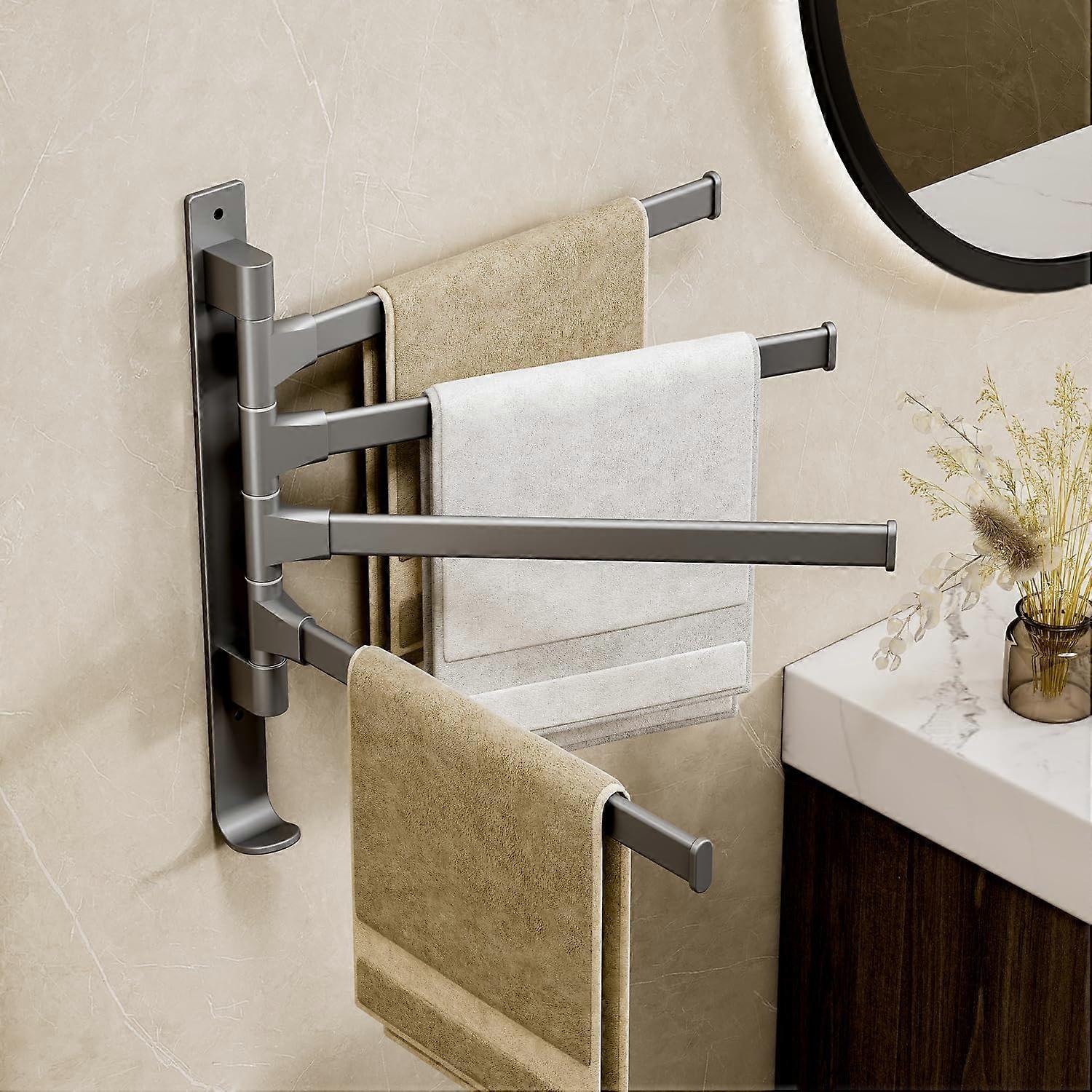 4Arm Swivel Towel Rack Wall Mounted Rustproof SpaceSaving Rotatable Bathroom Towel Bar Gray