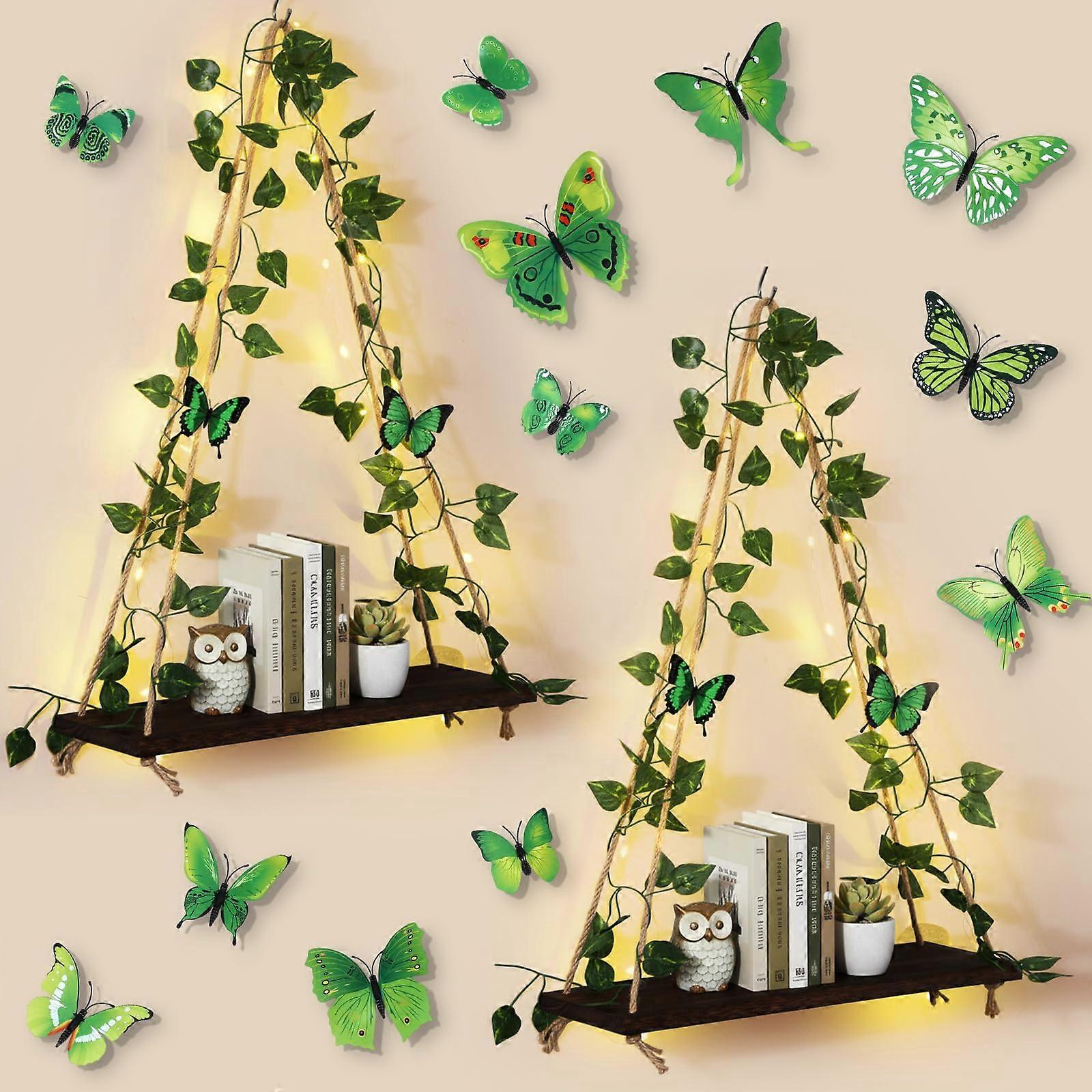 2 Set Floating Wall Shelves with Rope, Solid Wood Cottagecore Design and Butterfly Decor with LED