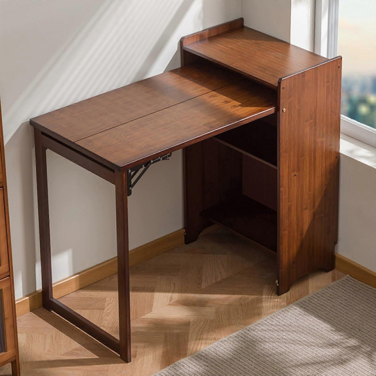 Bamboo Folding Desk with Bookshelf, SpaceSaving Workstation with Adjustable Storage for Home Office