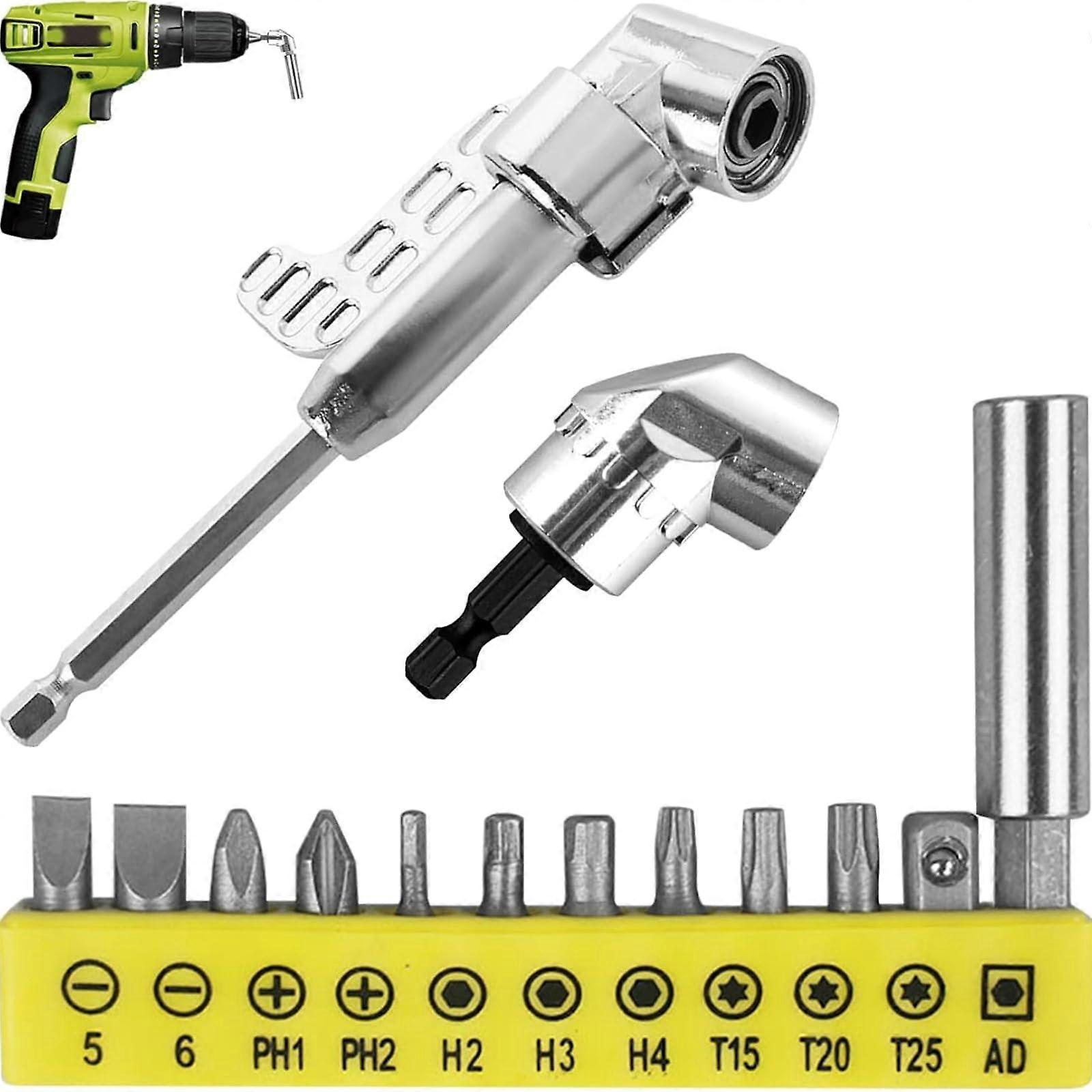 105 Degree Right Angle Drill Adapter Set, 2Pcs Attachment with 12 Bits, Hex Shank for Tight Spaces