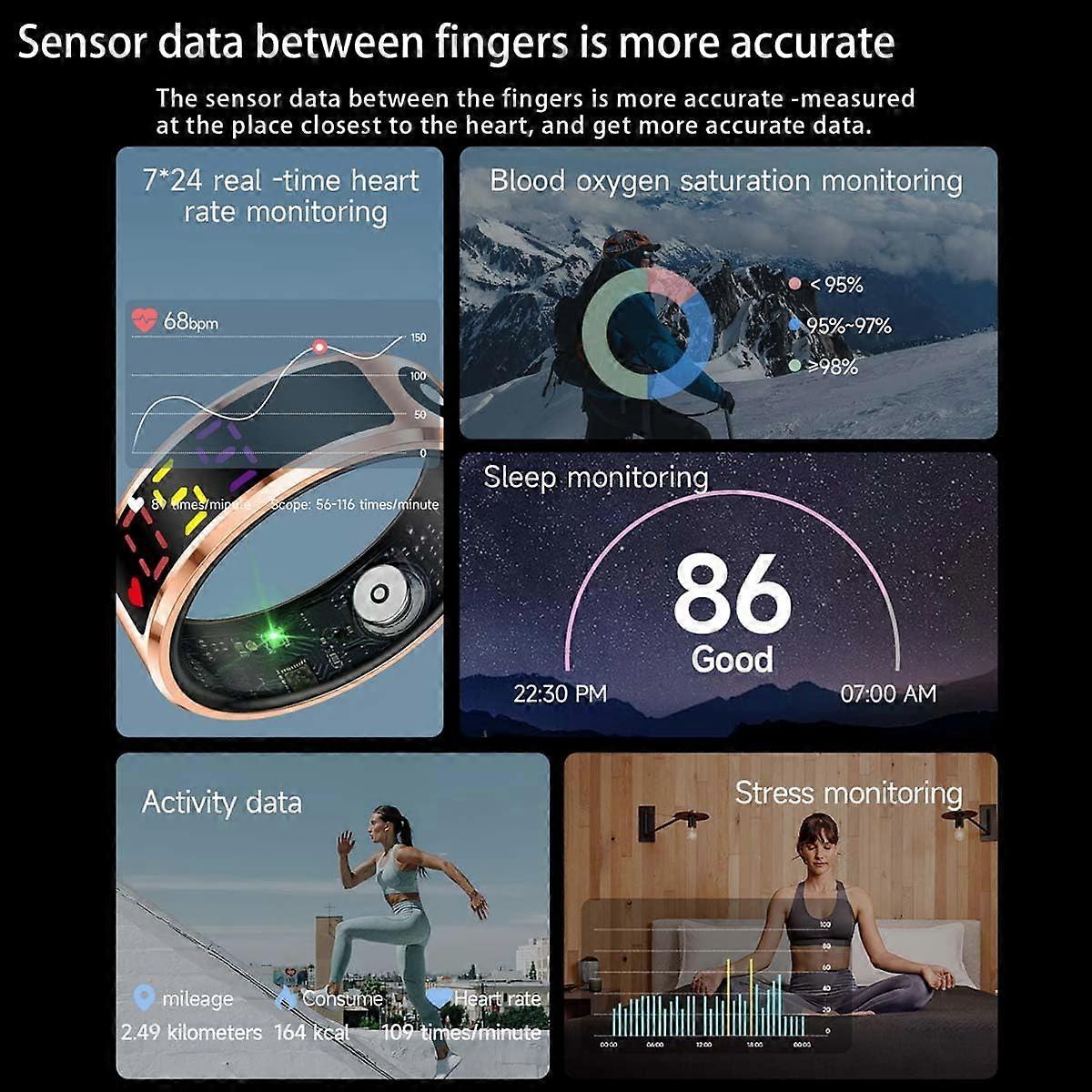 Smart Ring with Color Display, Heart Rate, Sleep and Blood Oxygen Monitor, Step Counter, Sports Modes, Remote Camera – Black Size 8 (17.7mm)