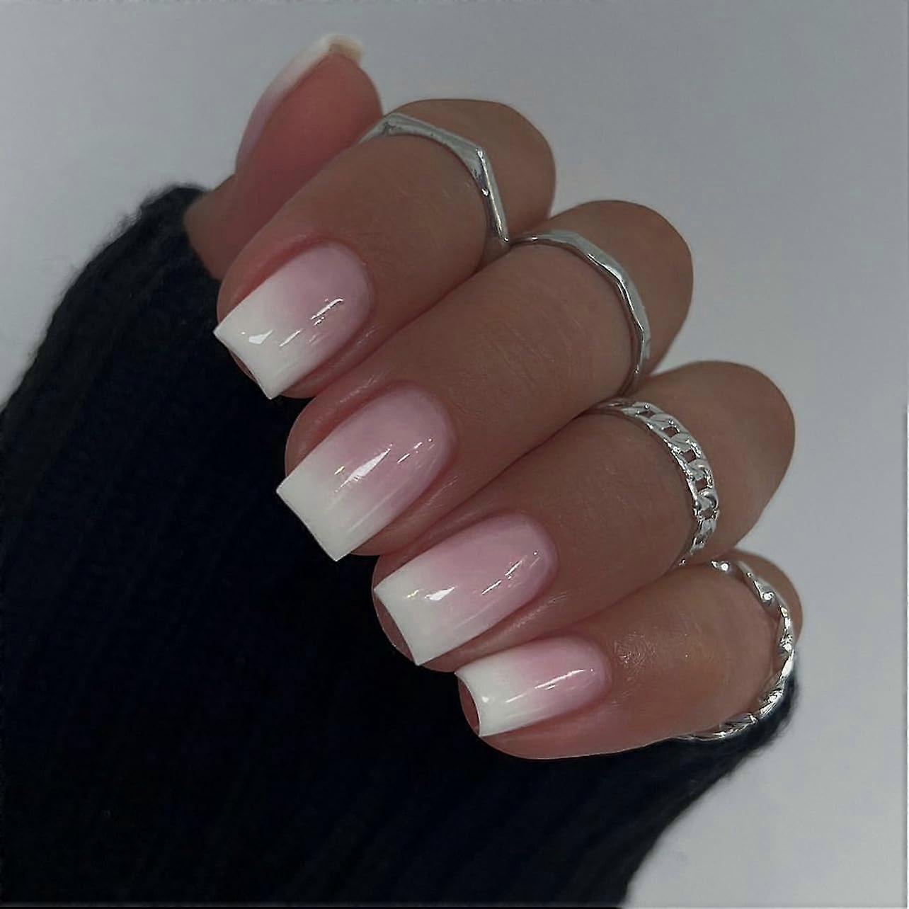 Ombre Press on Nails Medium Square Pink White Gradient Fake Nails Glossy Full Cover 24pcs Kit