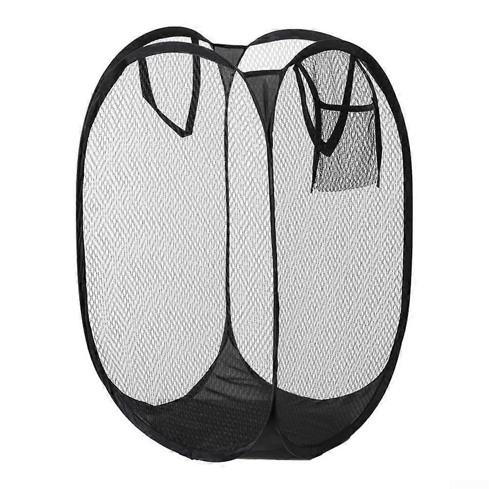Foldable Mesh Laundry Basket with Side Pocket, Breathable Cloth Hamper Black 30x58