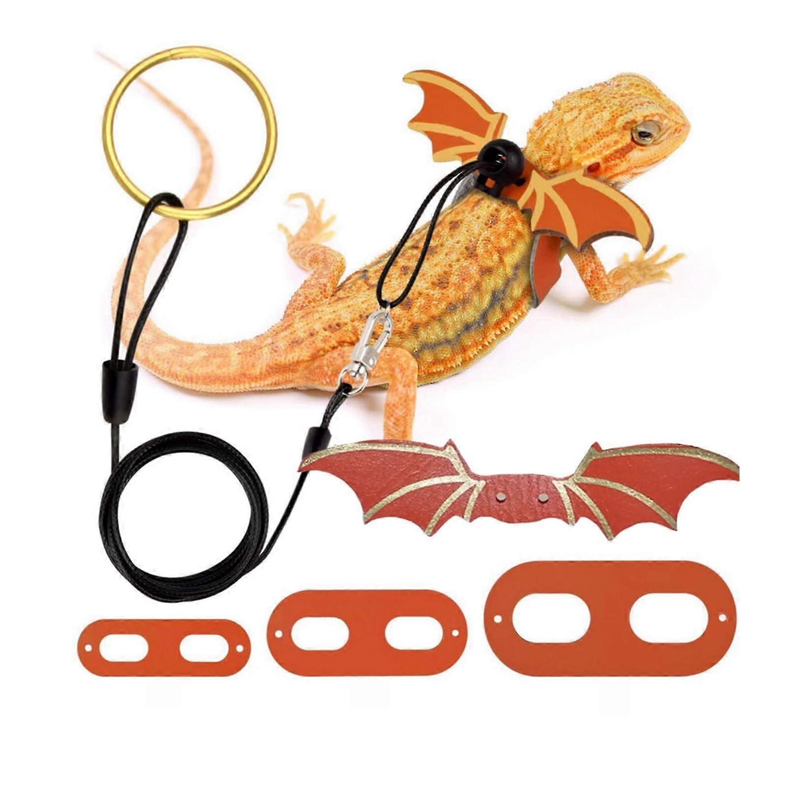 Bearded Dragon Leash with Wings, Soft Leather Adjustable Lizard Harness Set, 3 Sizes Orange