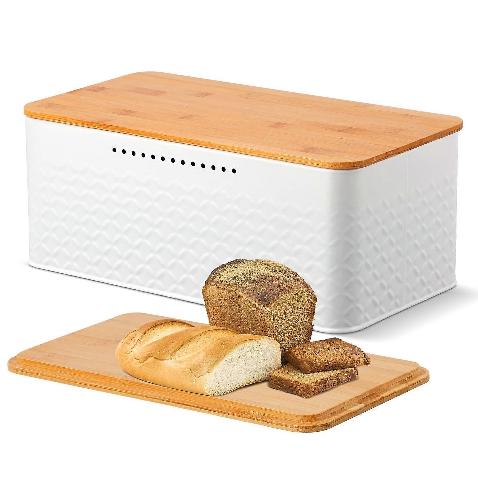 Bread Box Metal Bread Storage Container with Bamboo Cutting Board Lid for Kitchen Countertop White