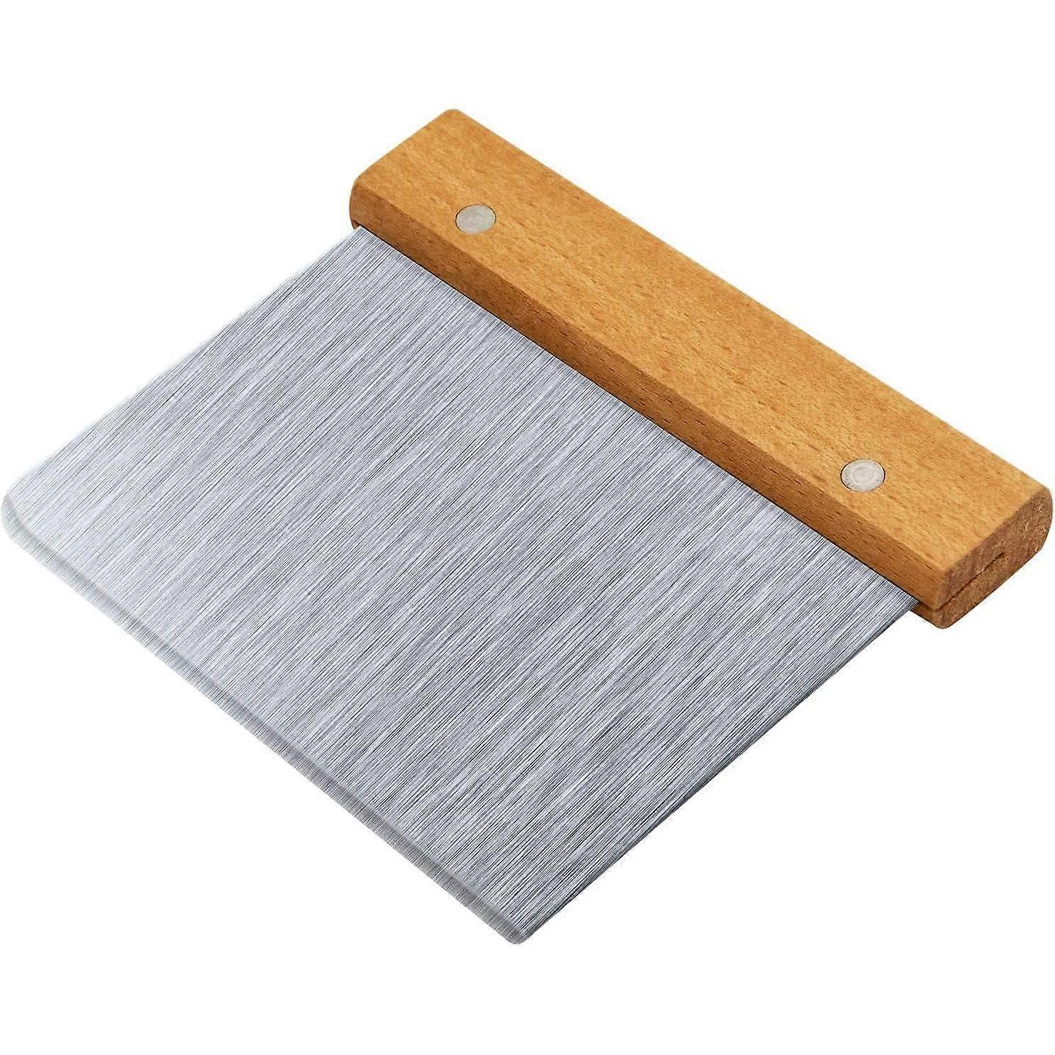 Multi-purpose kitchen cutter/scraper, stainless steel, silver+wood