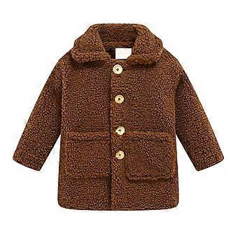 Jaqueta infantil de lã Sherpa com bolsos frontais e fechamento por botões, manga comprida, agasalho quente para crianças, meninos e meninas, modelo #E024, marrom, 120