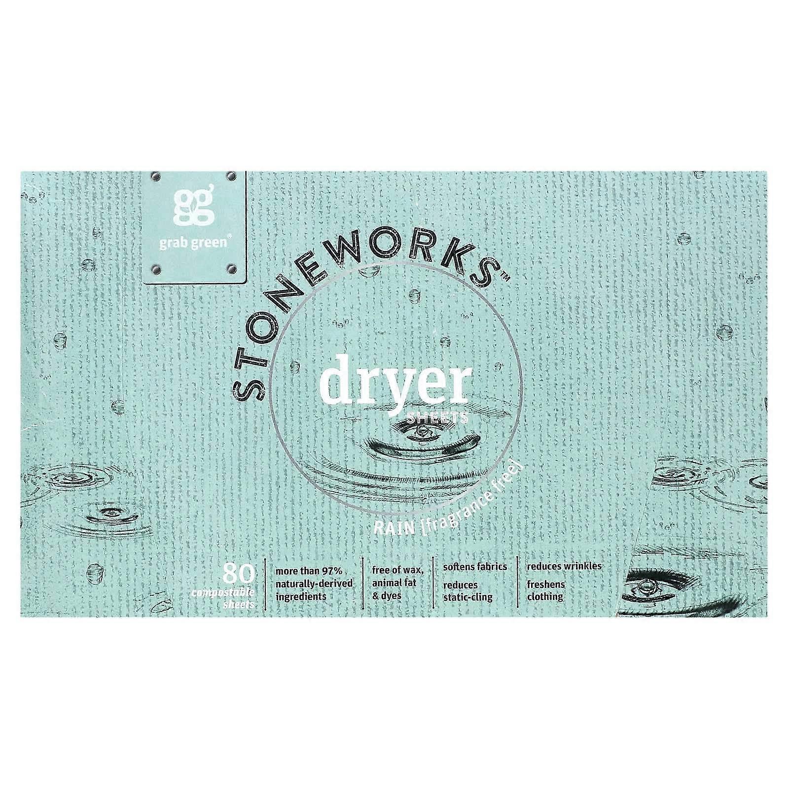 Grab Green, Stoneworks, Dryer Sheets, Rain,  80 Compostable Sheets, 2-Pack