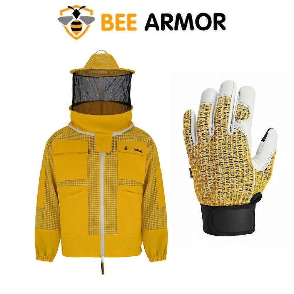 Bee Keeping 3-layer Jacket Rounded Veil In Yellow Color  With  Free Gloves (bee Armor)