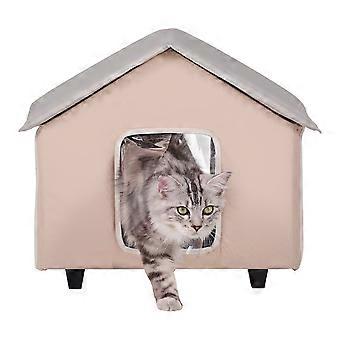 Erhöhtes beheiztes Katzenhaus mit einstellbarer Temperatur und Timer, 600D Oxford-Tuch mit Heizkissen für den Winter, um warm zu bleiben, Braun, Mitte