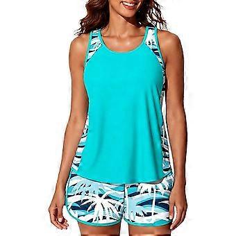 2 Piece Floral Print Tankini Set High Waist Bottoms And Sleeveless Top Swimsuit For Swimming Pool Parties  Lake Blue Coconut  XXL 26-27