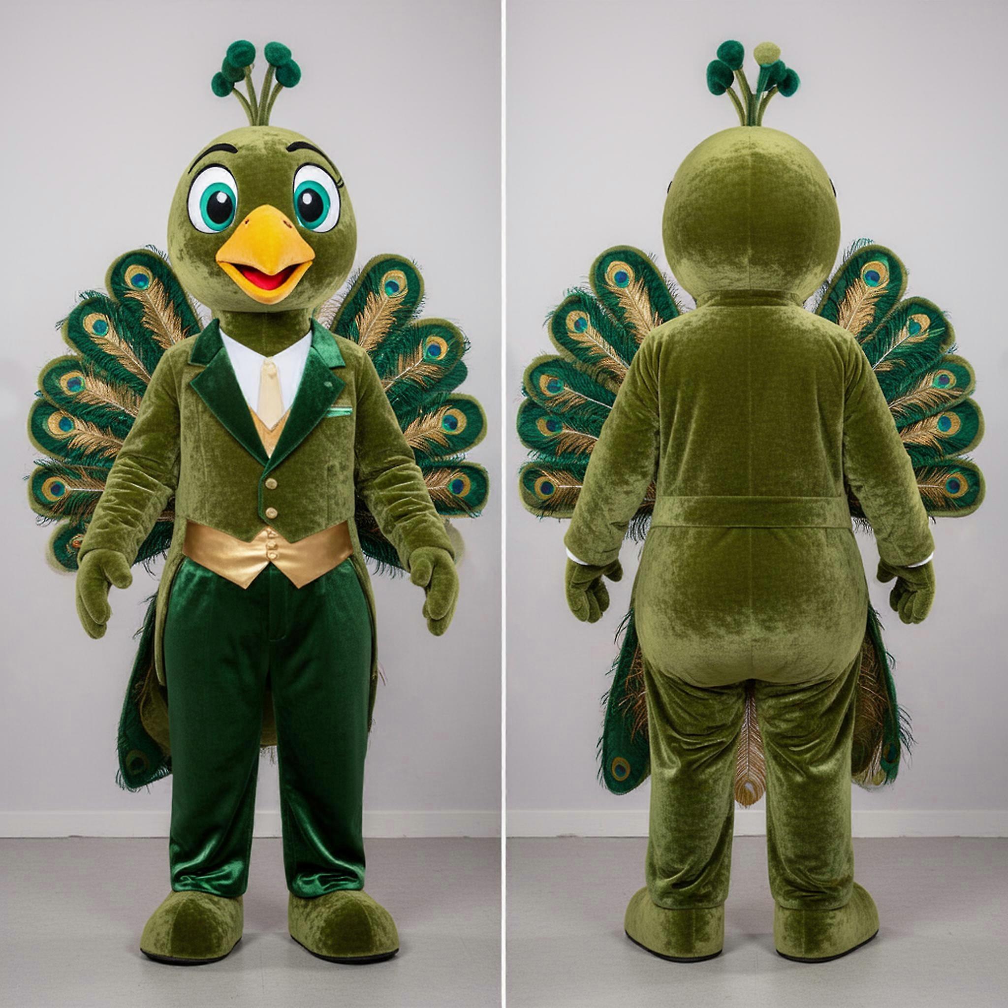 MASTICOT Emerald Green Feathered Peacock Mascot