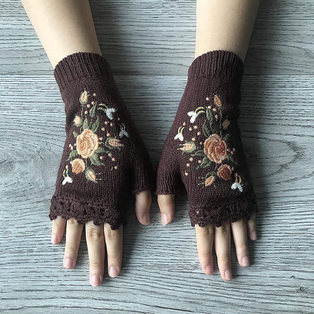 قفازات تطريز الزهور - قفازات بدون أصابع منسوجة يدويا للنساء