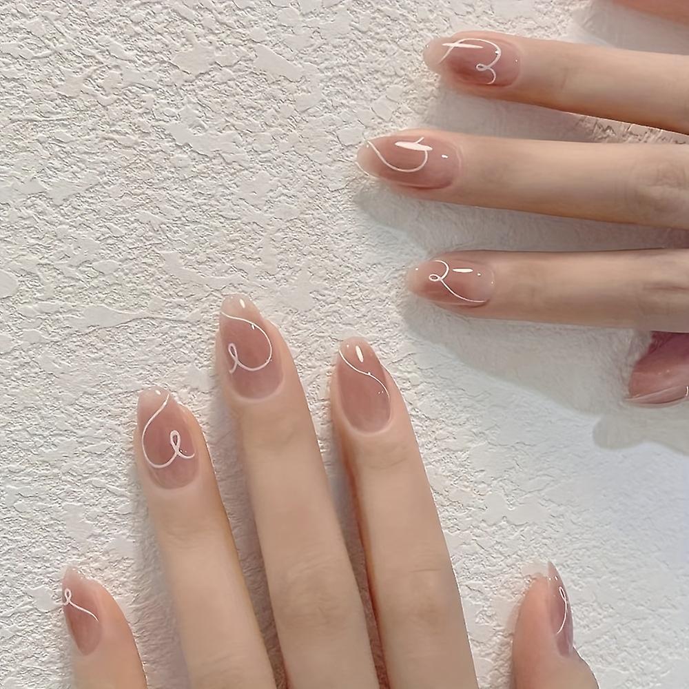 24pcs Reusable Press On Nails - Short Oval With Nude Pink And White Swirl Design - Full Coverage For Weddings And Special Occasions - Easy To Apply An
