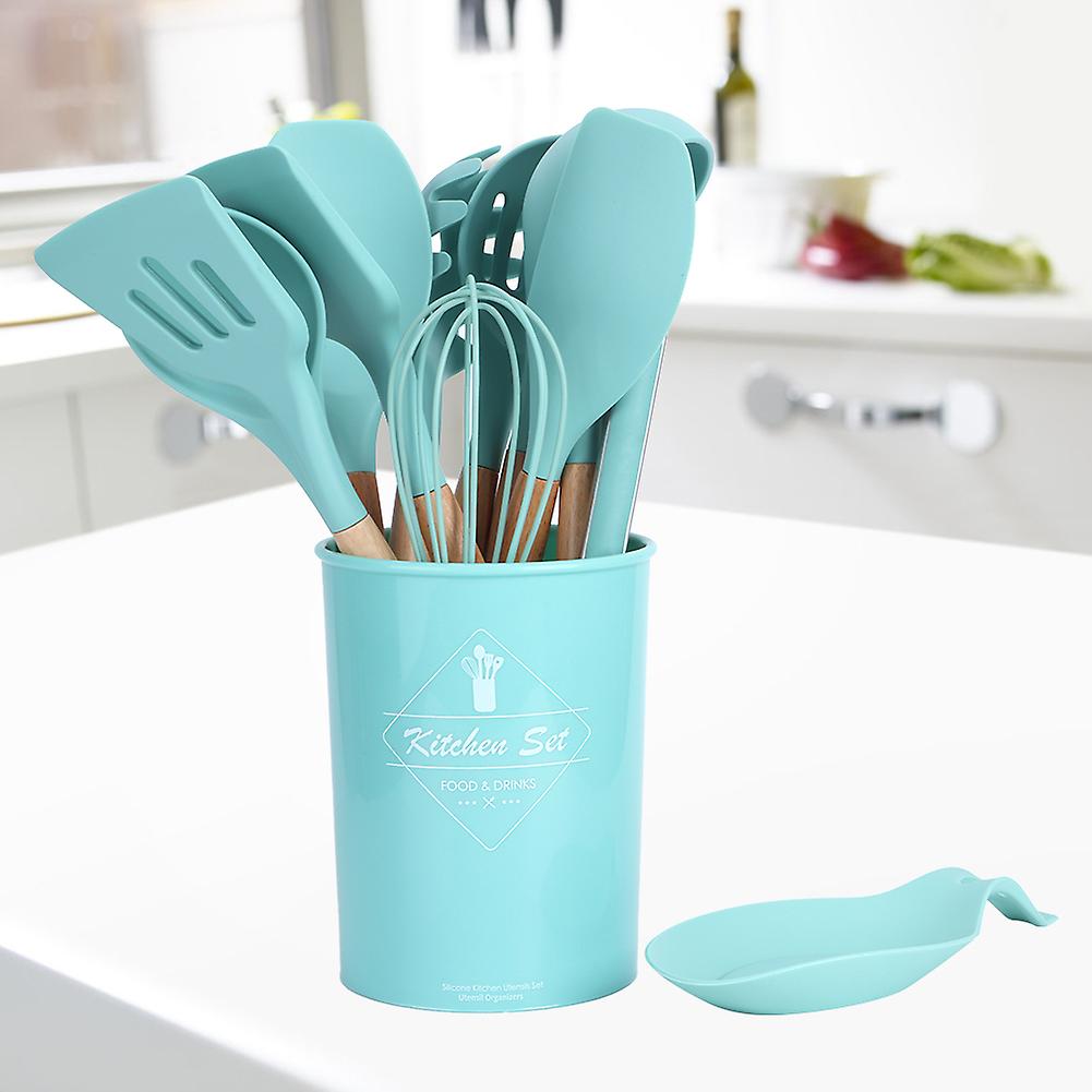 12Pcs Green Silicone Wood Cookware Kit with Storage Kit