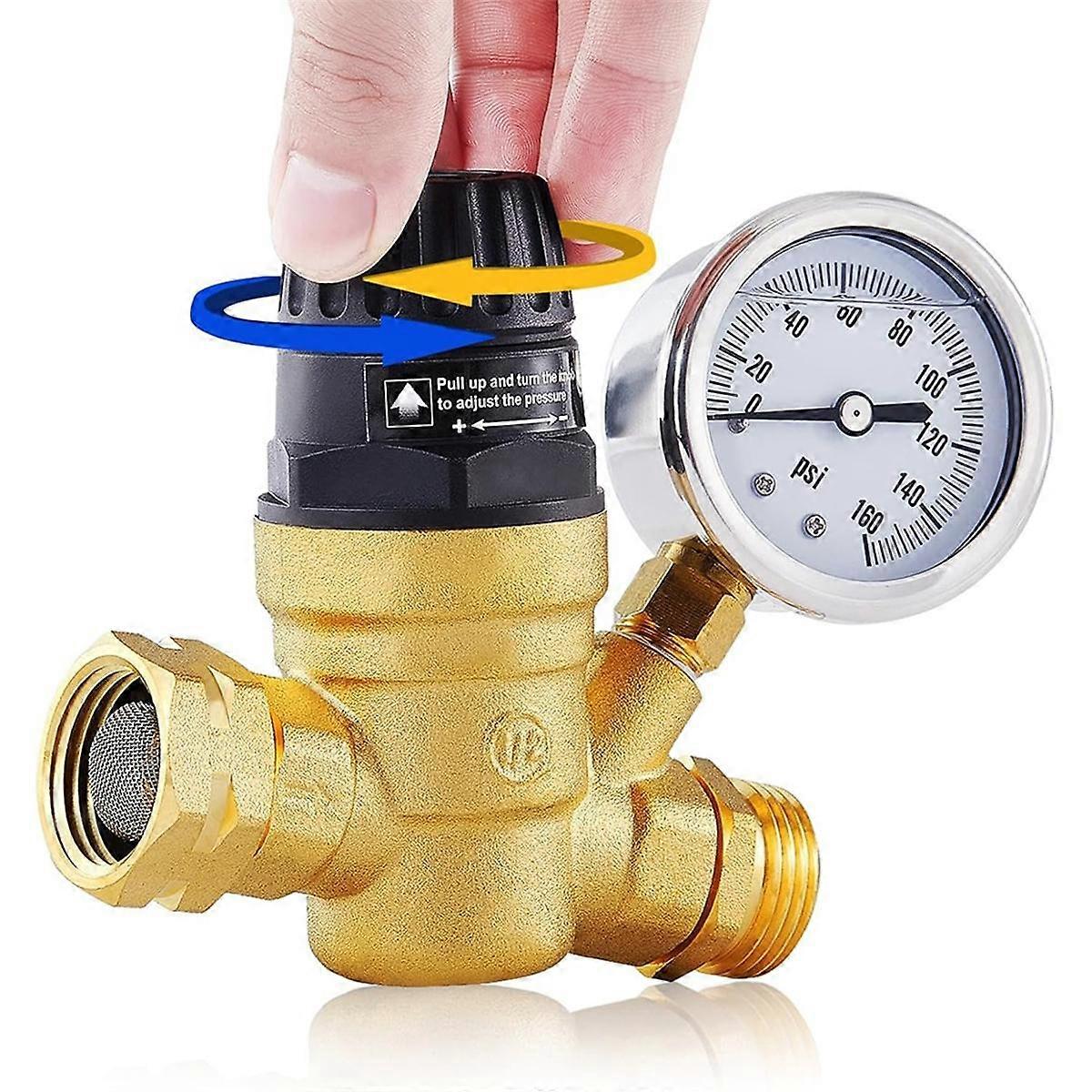 RV Water Pressure Regulator Valve, Adjustable Water Pressure Reducer with Gauge and Inlet Screen Filter for RV